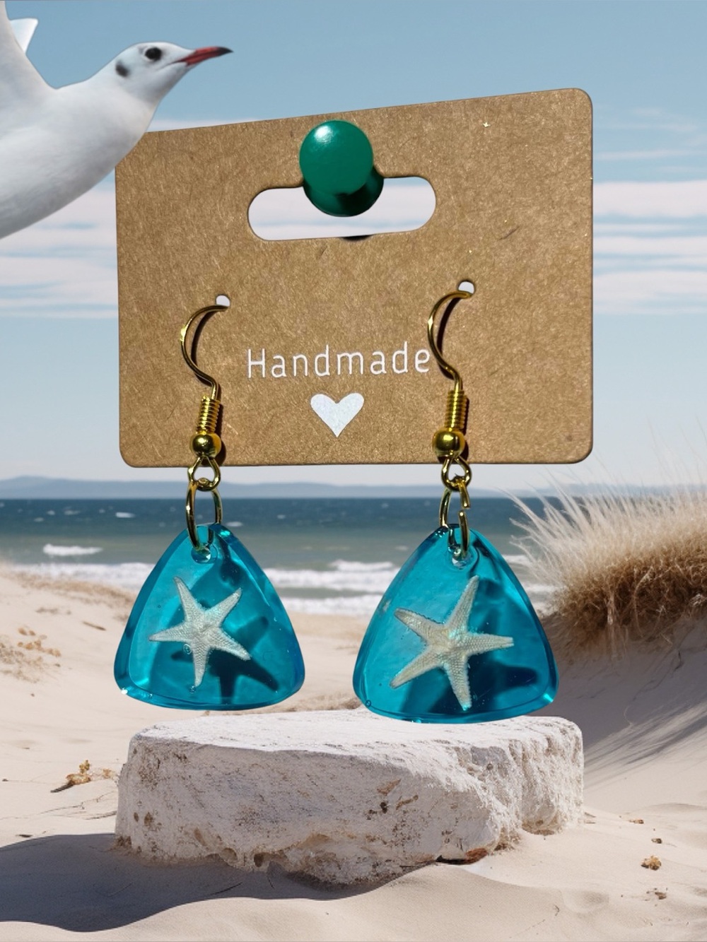 Handmade Blue Teal Starfish Resin Drop Earrings